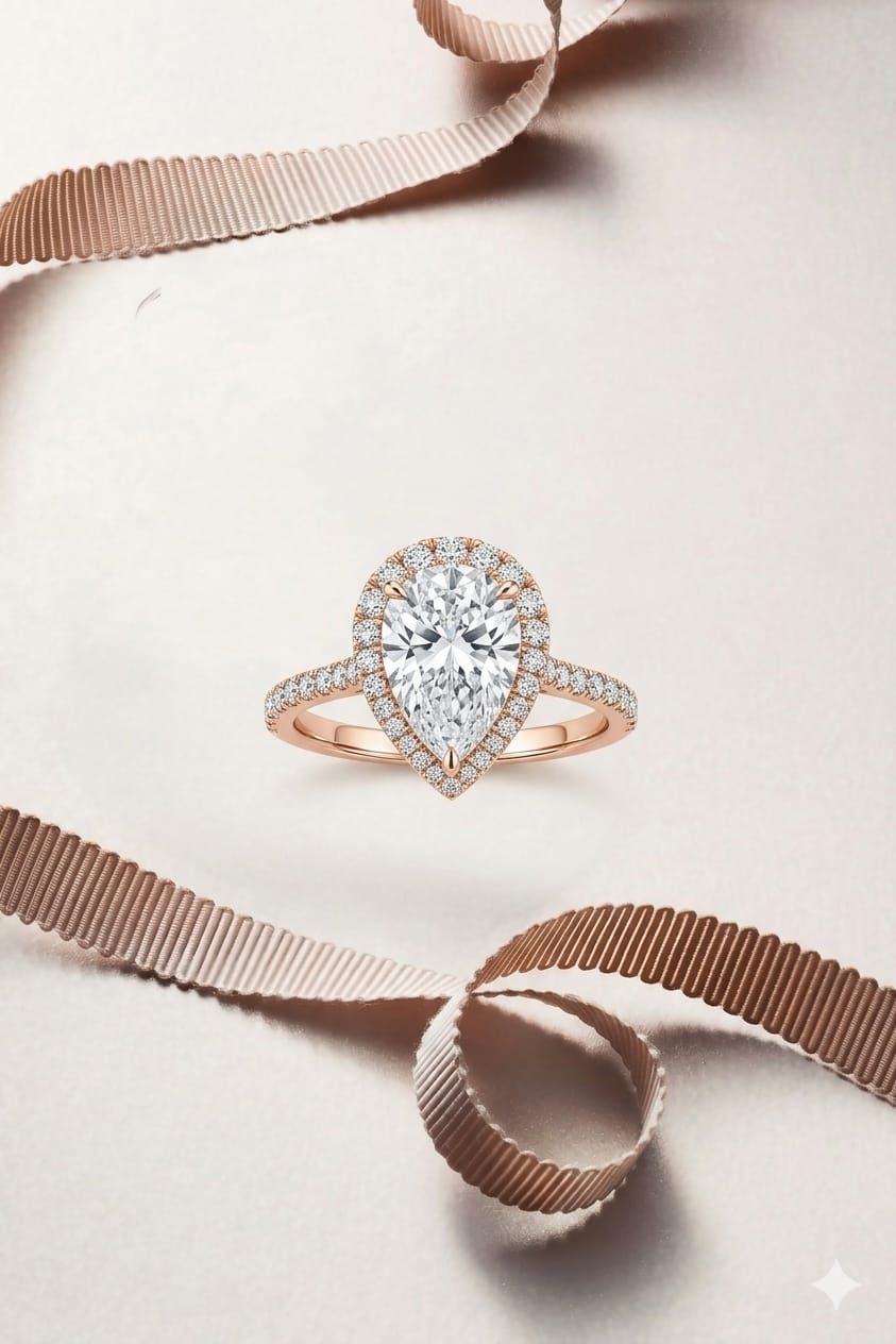 Jawadi pear diamond halo engagement ring in rose gold